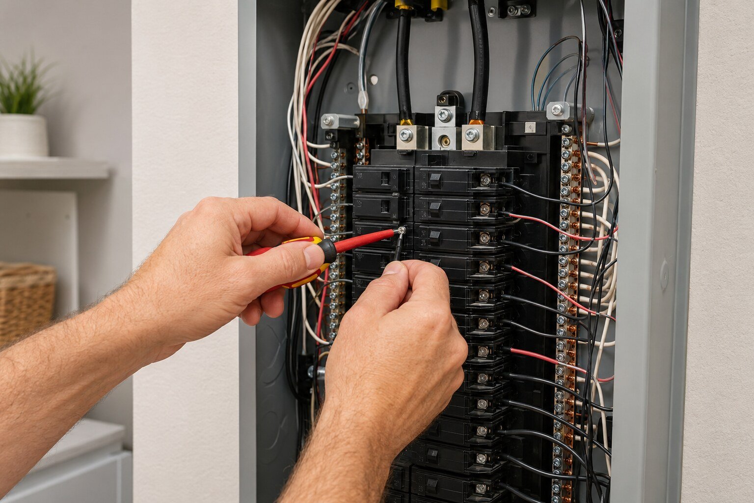Electrician's hands carefully working on wiring inside an open residential electrical panel.