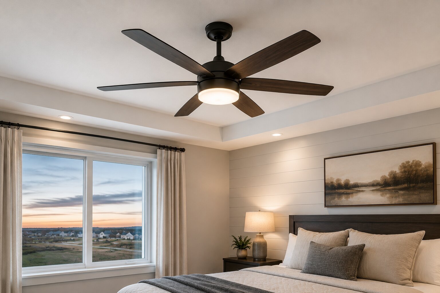 Modern ceiling fan with light fixture installed in a bedroom, overlooking an open landscape at dusk.
