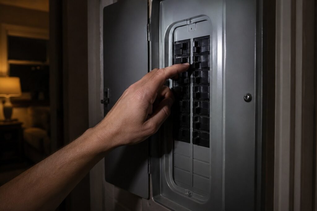 Hand checking a breaker panel in a dimly lit hallway while waiting for an electrician.