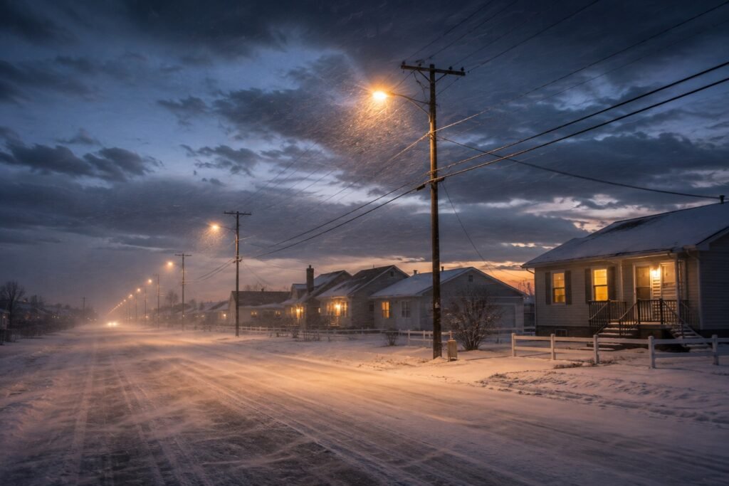 Snowy residential street in Cheyenne, Wyoming at dusk during a winter storm, with wind-blown snow, glowing streetlights, and lit house windows.
