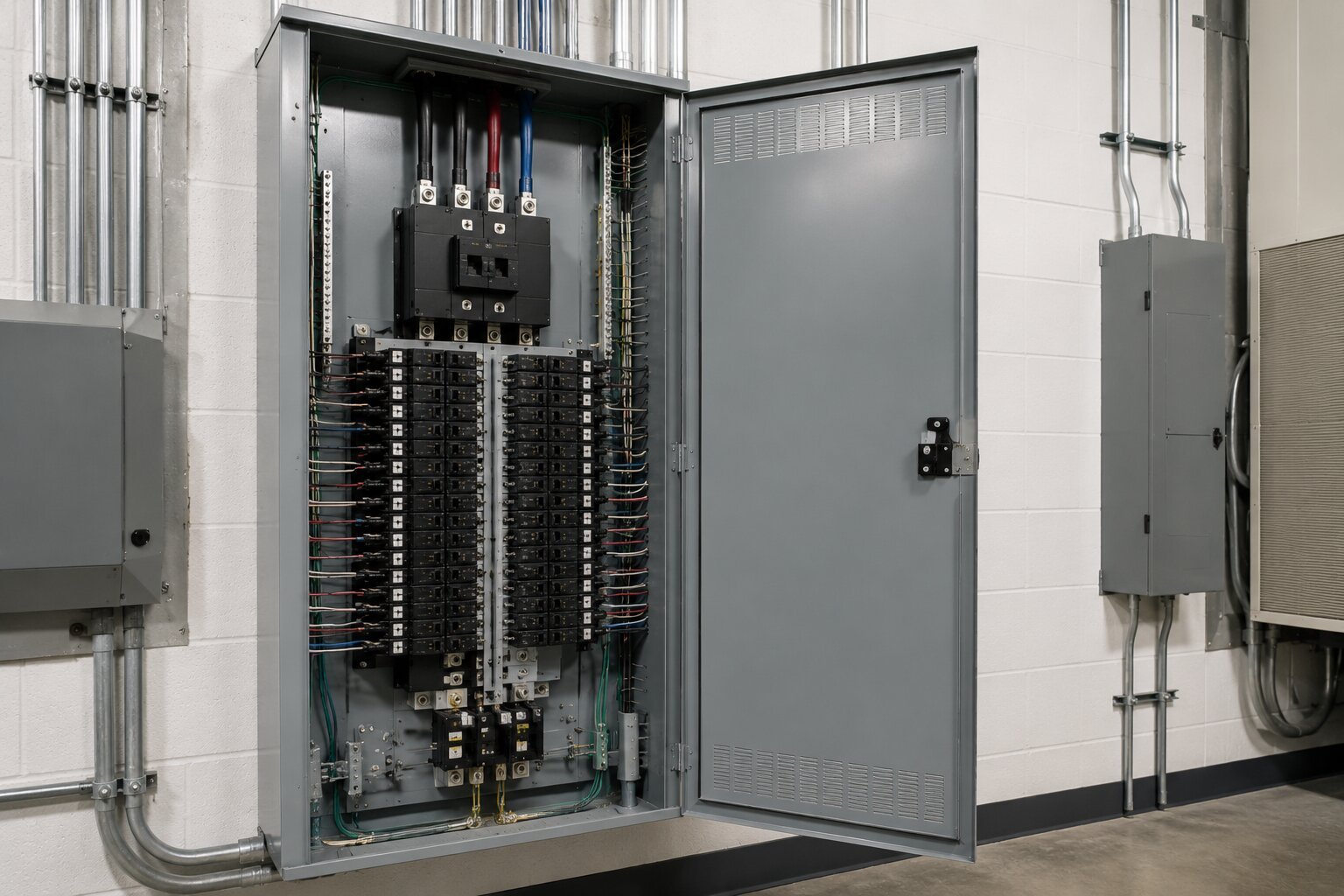 Open commercial electrical panel showing multiple rows of circuit breakers and heavy-duty wiring.