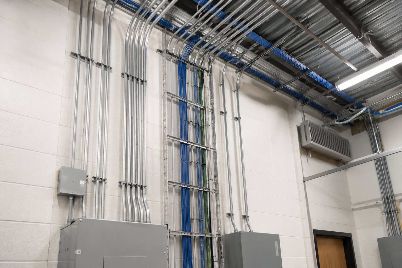 Organized electrical conduit and cable wiring installed in a commercial building interior.