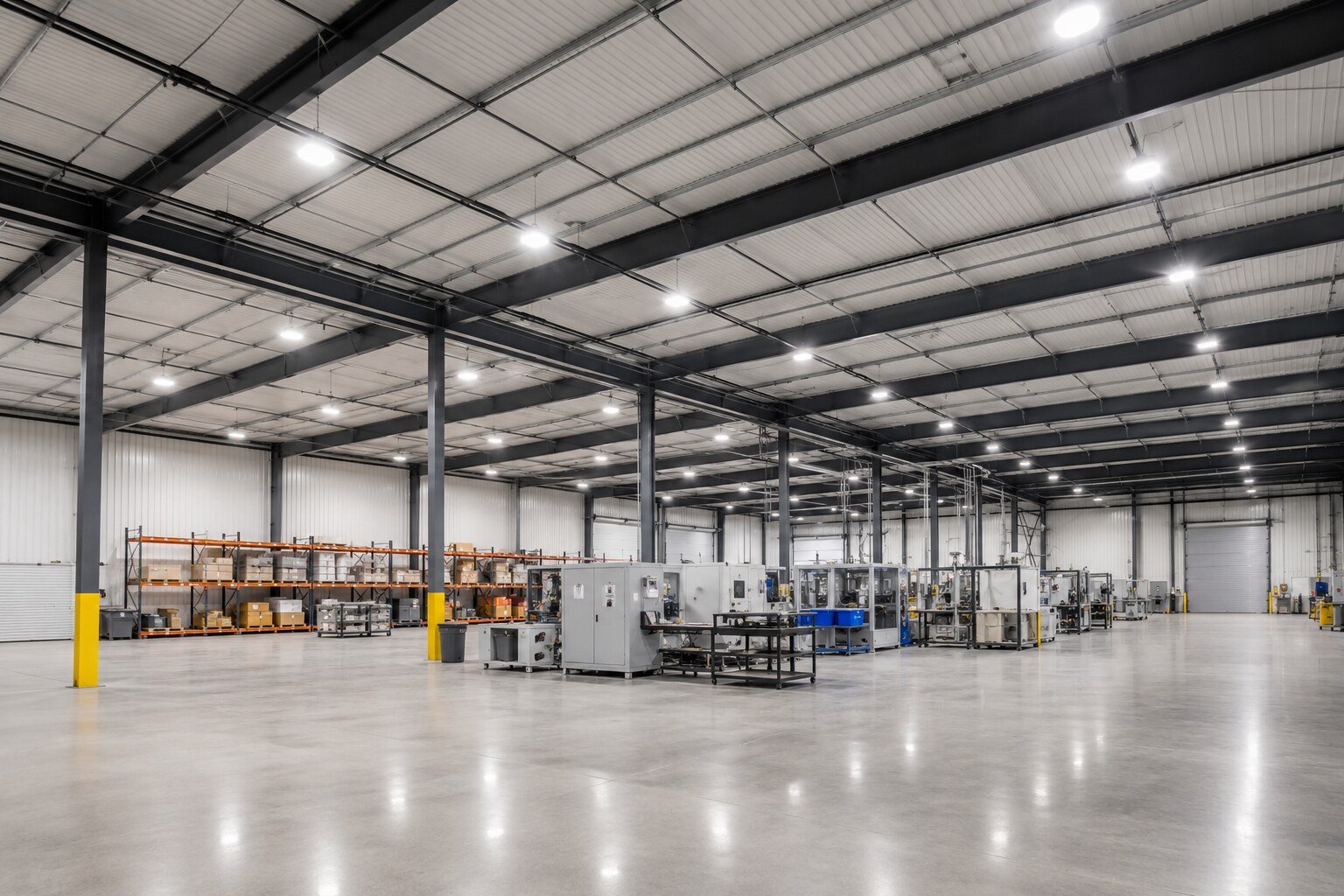 High-bay LED lighting illuminating a commercial warehouse and industrial facility interior.