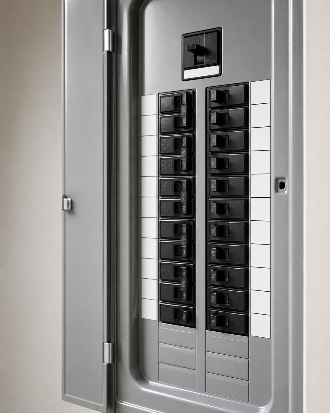 Close-up of organized circuit breakers inside a residential electrical panel