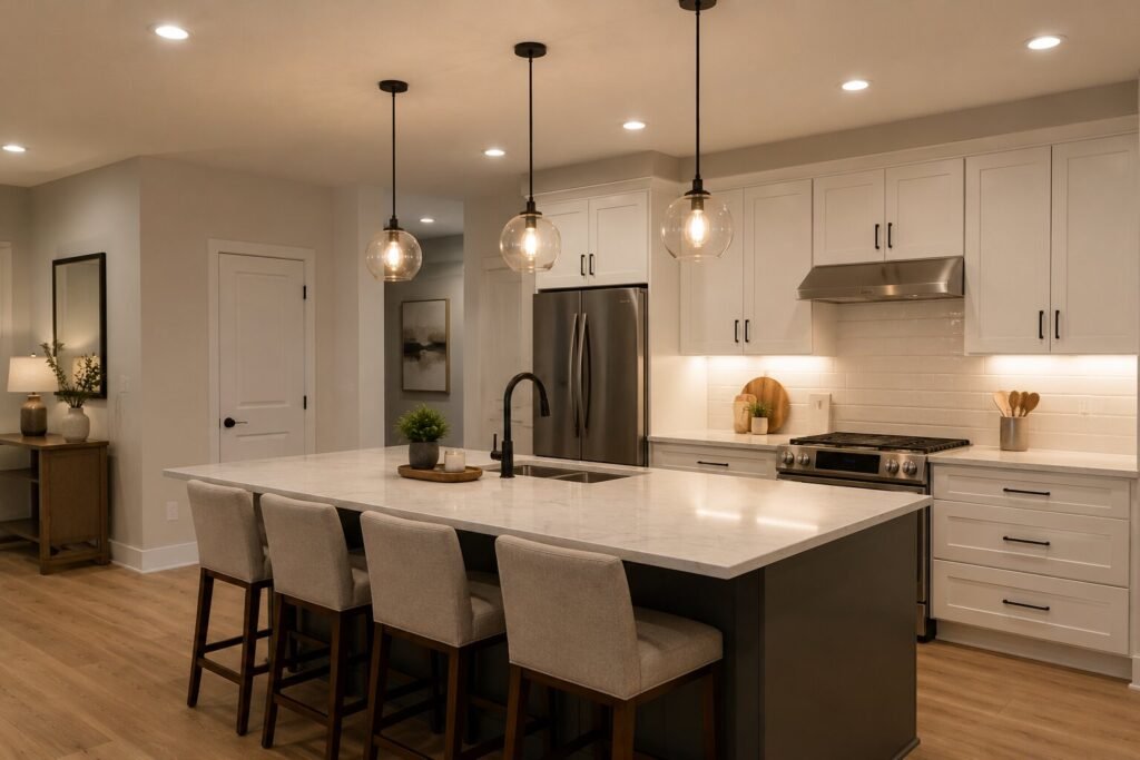 Modern kitchen island with three glass pendant lights and recessed ceiling lighting installed.