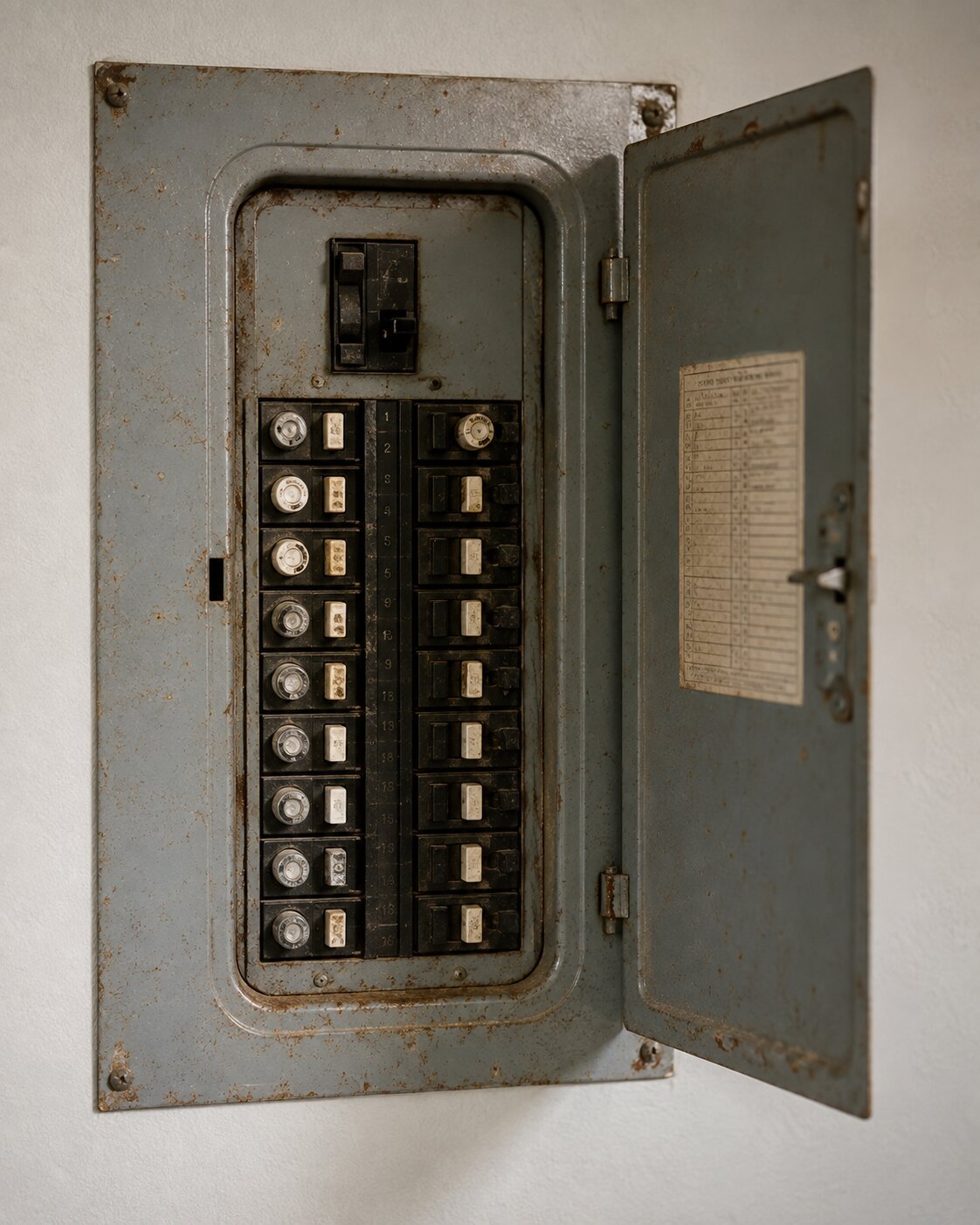 Aged electrical panel with rust and worn fuses, a common sign a home needs a panel upgrade