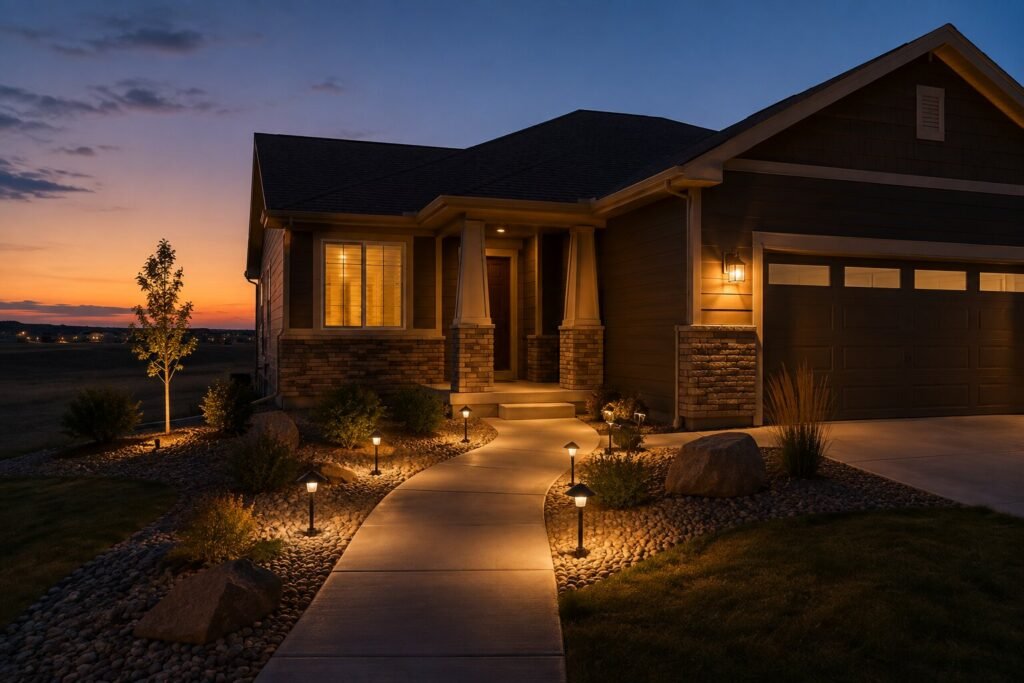 Home exterior at dusk with landscape path lighting illuminating a walkway to the front door.