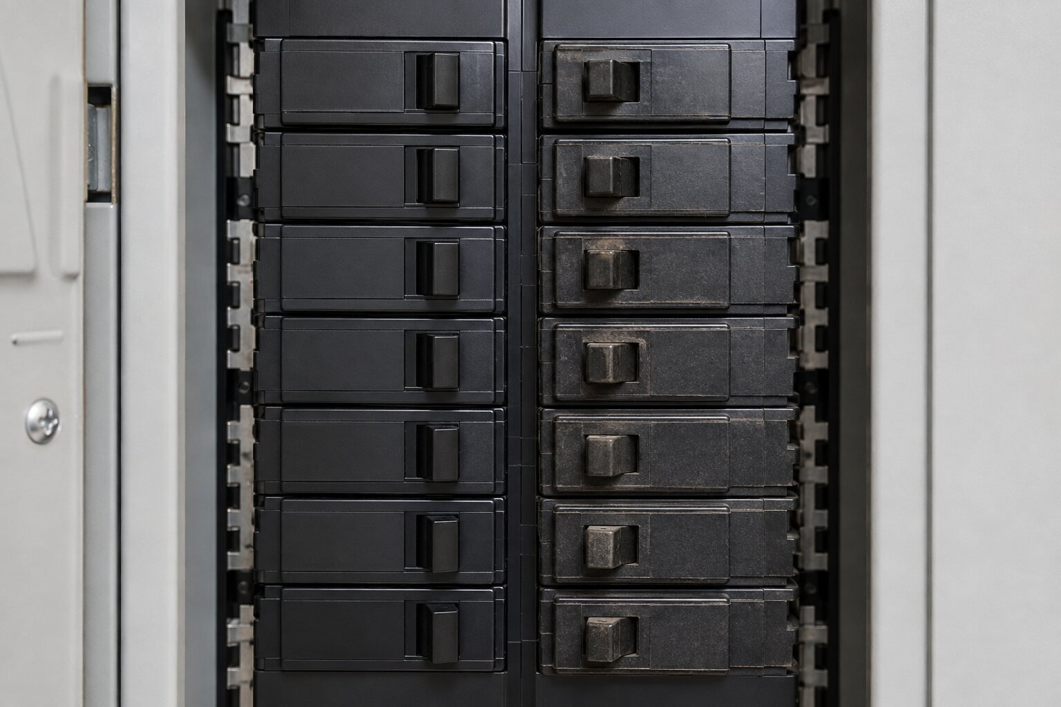 Close-up of circuit breakers showing wear differences between older and newer equipment