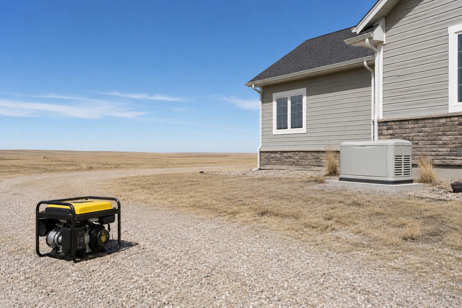 Portable generator safely positioned outdoors away from a Cheyenne home, with a standby generator installed beside the house.