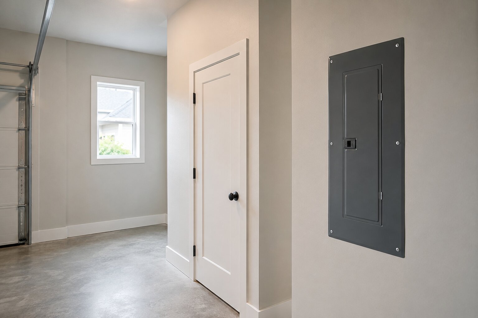 Electrical panel mounted on a wall inside a residential garage hallway