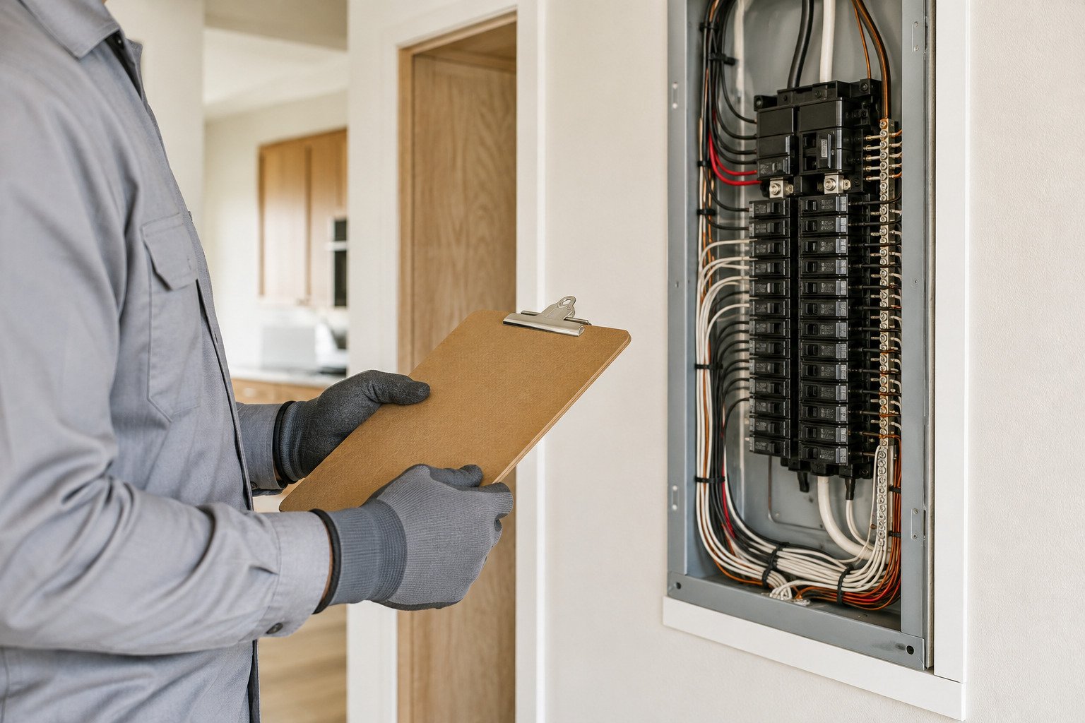 Electrician inspecting a residential electrical panel for wiring and code compliance in Cheyenne