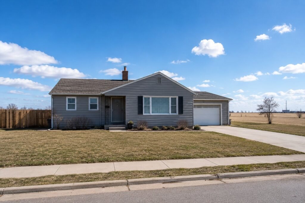Older single-story home exterior on flat, open land typical of Cheyenne, Wyoming.