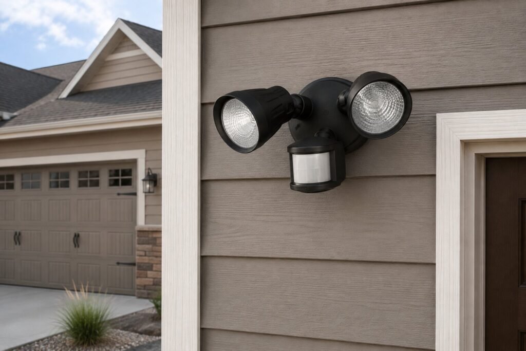 Motion-sensor security floodlight mounted on a home's exterior wall near the garage.