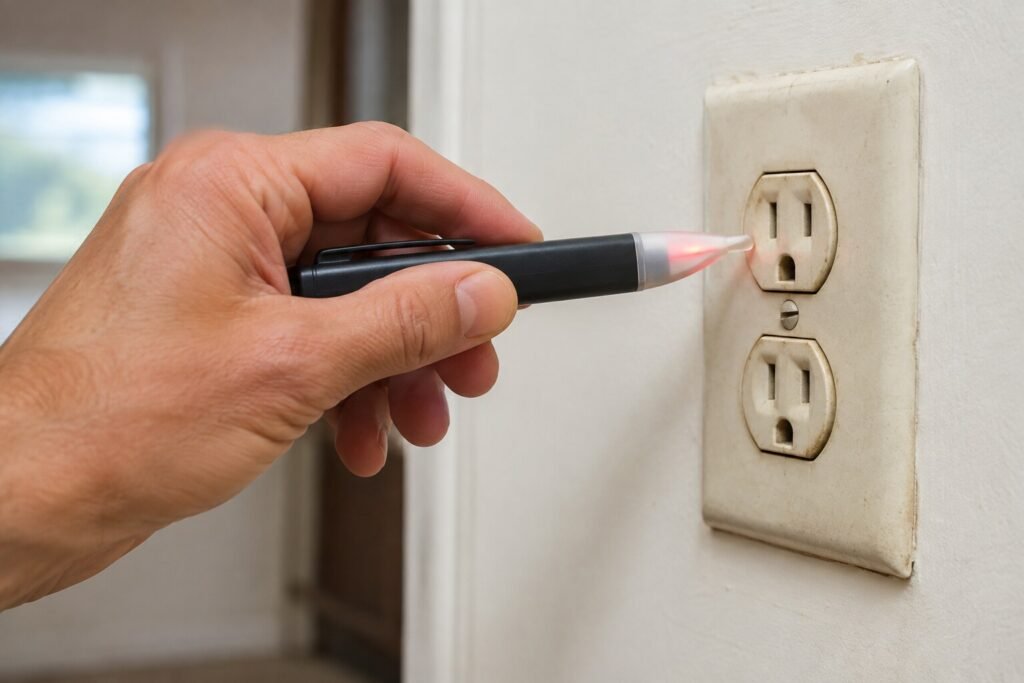 Voltage tester checking an older electrical outlet for safety issues.