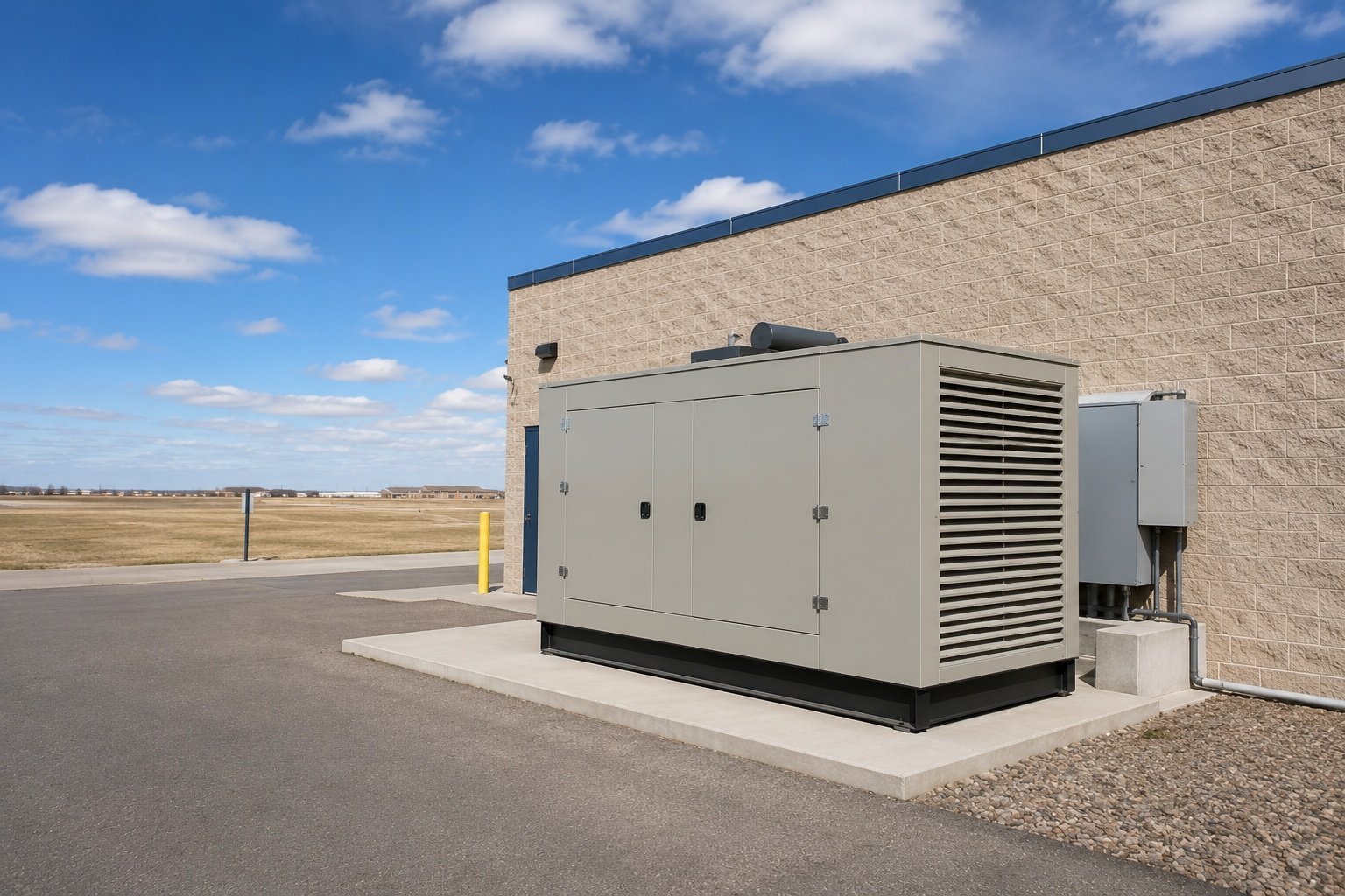 Commercial backup generator installed beside an industrial building