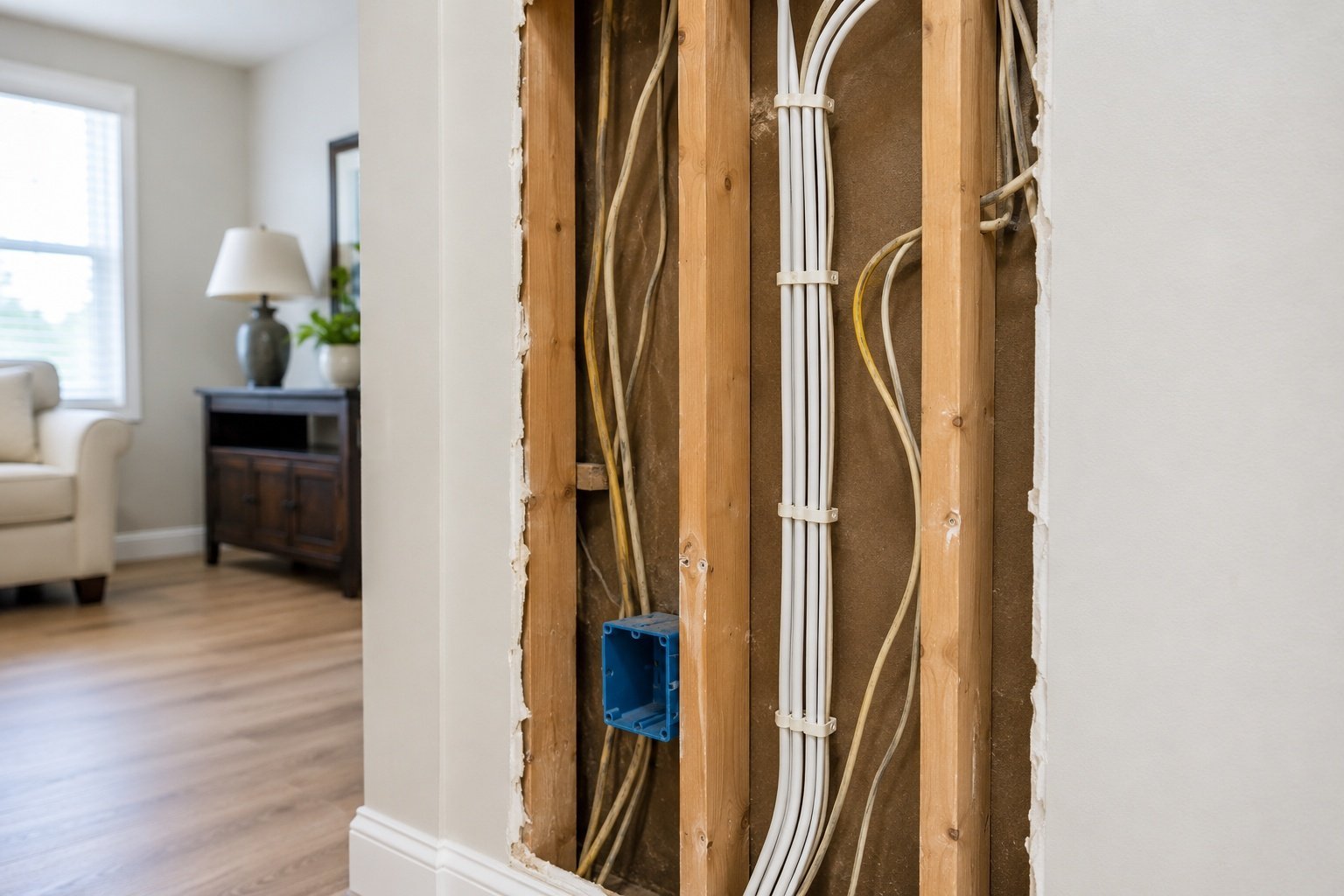 Old and new residential wiring inside an open wall