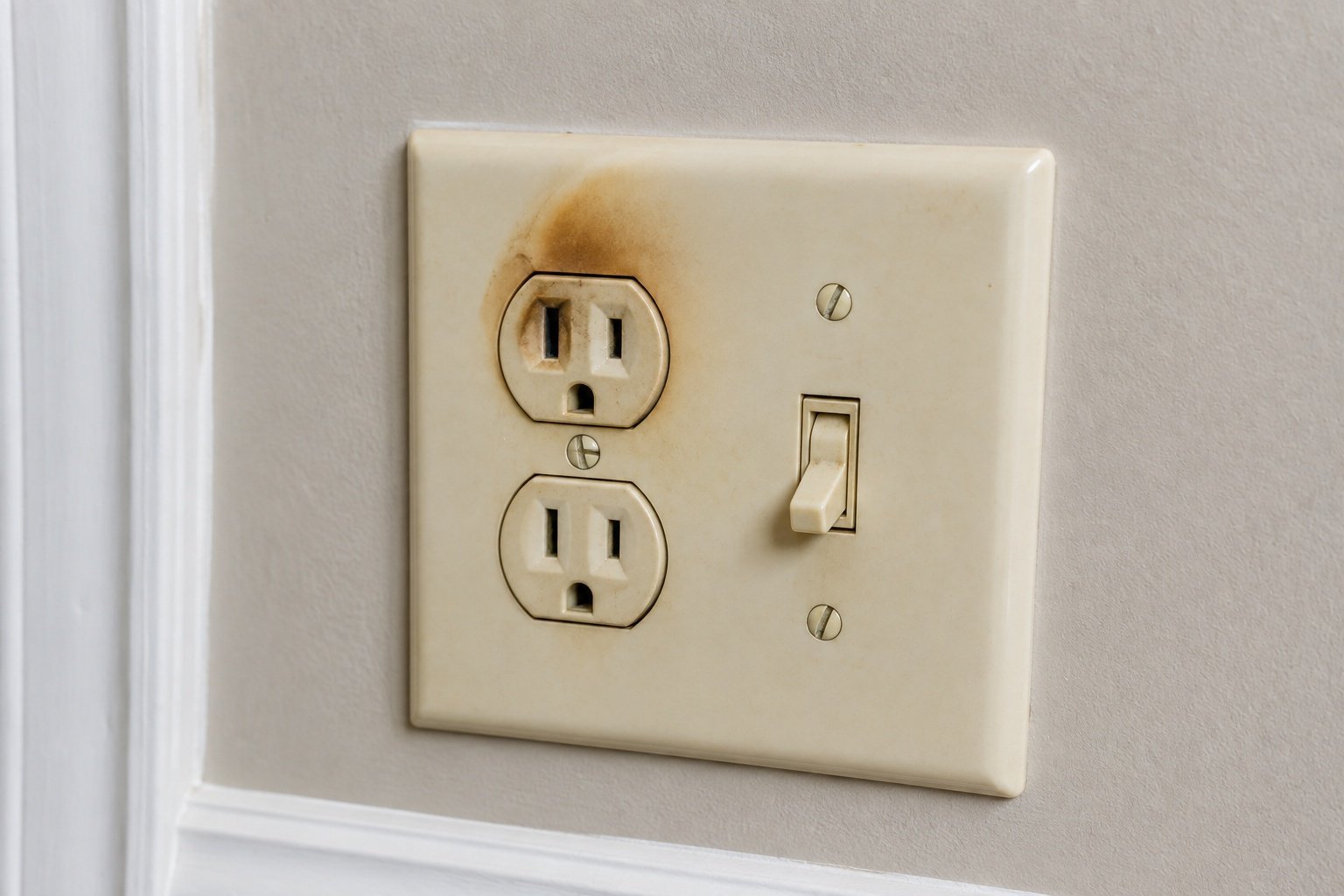 Scorched electrical outlet and switch indicating a wiring problem